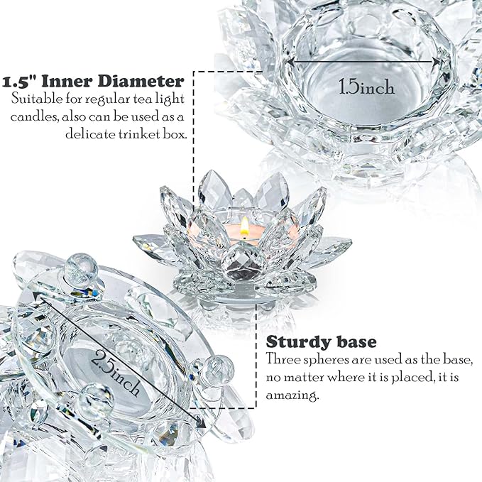 Crystal Lotus Flower Tealight Candle Holders/Glass Tea Light Candlestick Decor Decoration for Christmas Home Wedding Party… (Clean 2pcs)