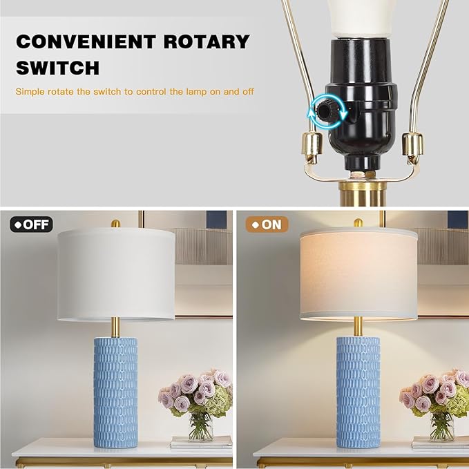 27" Blue Ceramic Lamps Set of 2, Coastal Ceramic Table Lamps for Living Room with Rotary Switch, Classic Bedside Lamp for Nightstand, Tall Lamps for Bedroom Side End Table Home Decor