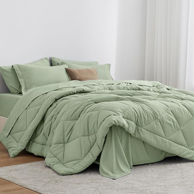 Love's cabin Queen Comforter Set Sage, 7 Pieces Queen Bed in a Bag, All Season Bedding Sets with 1 Comforter, 1 Flat Sheet, 1 Fitted Sheet, 2 Pillowcase and 2 Pillow Sham