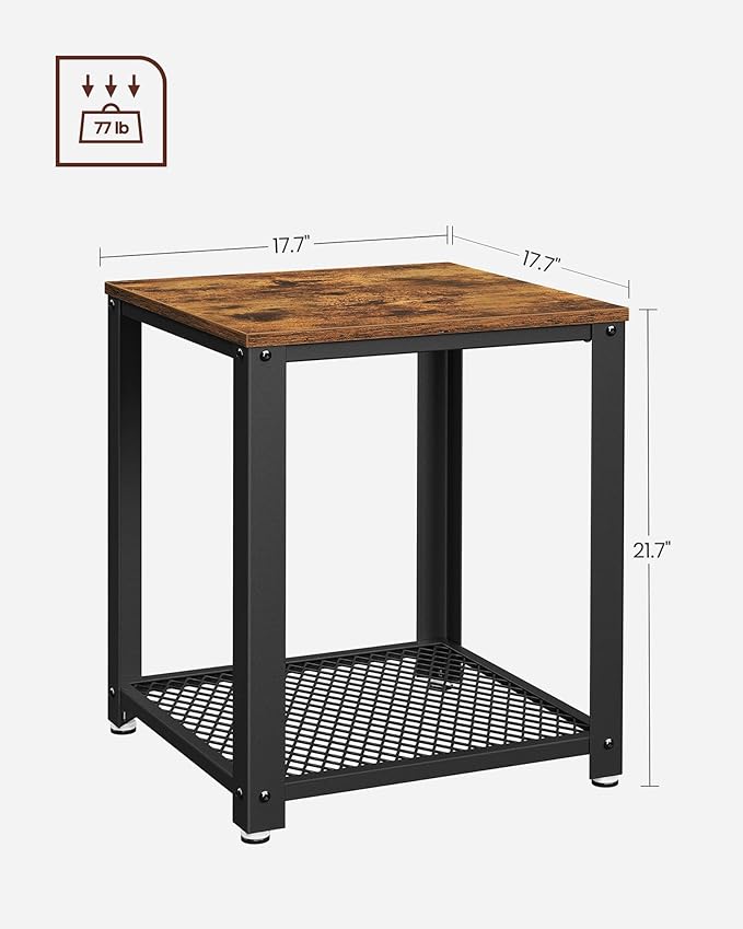 VASAGLE Side Table, 2-Tier Nightstand, End Table with Mesh Shelf, Steel Frame, Adjustable Feet, for Living Room, Bedroom, Industrial Style, Rustic Brown and Black ULET41X, 17.7 x 17.7 x 21.6 Inch
