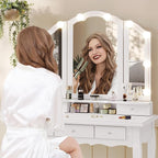 Tiptiper Vanity Table Set with Lighted Tri-Folding Mirror, Makeup Vanity with Lights & 3 Color Lighting Modes, Vanity Desk with Mirror and Cushioned Stool, Makeup Table with 5 Drawers, White