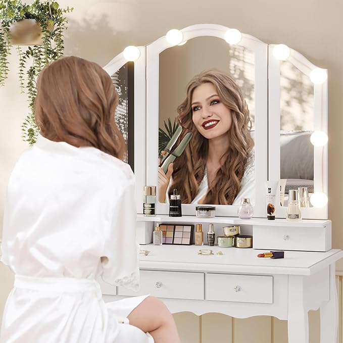 Tiptiper Vanity Table Set with Lighted Tri-Folding Mirror, Makeup Vanity with Lights & 3 Color Lighting Modes, Vanity Desk with Mirror and Cushioned Stool, Makeup Table with 5 Drawers, White