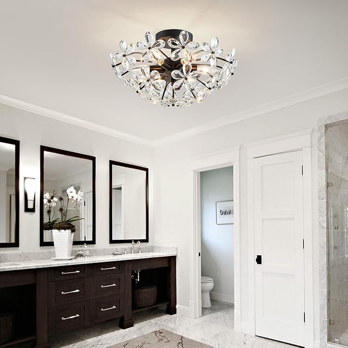 WUZUPS Crystal Chandelier Flushmount Ceiling Light Modern Lighting Fixture for Bedroom Hallway Bar Kitchen Bathroom, H 8.9" x W 17.7", Black, E12 Base