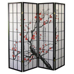Roundhill Furniture Black Japanese 4-Panel Screen Room Divider, Plum Blossom