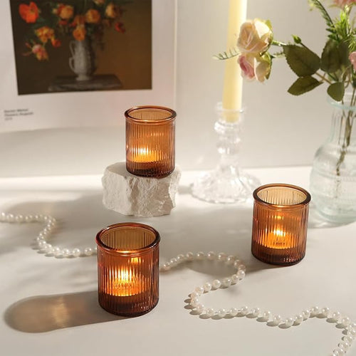 36pcs Amber Votive Candle Holders - Fall Decor, Ribbed Glass Tea Light Candle Holder, Candle Votives for Wedding Centerpiece & Home Decor