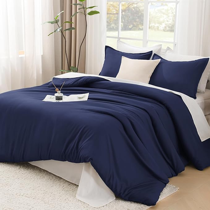 Litanika Navy Blue Comforter Set Full Size, 3 Pieces Boys Men Lightweight Solid Bedding Comforter Set, All Season Fluffy Down Alternative Bed Set (79x90In Comforter & 2 Pillowcases)