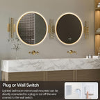 Niccy Round Led Mirror for Bathroom, 24" Backlit Mirror for Wall Circle Lighted Mirror with Gold Frame Anti-Fog, 3 Colors, HD Glass and IP65 Waterproof