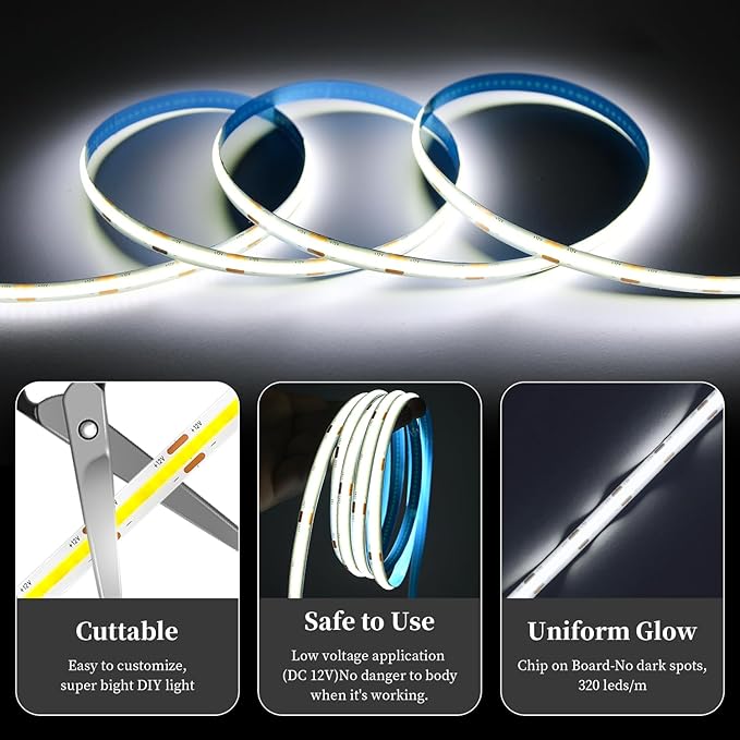 iNextStation COB LED Strip Light White 6000K 16.4ft/5M DC12V CRI 93+ Flexible LED Tape Lights 8mm for Bedroom, Kitchen, TV Backlight, Cabinet, Stage, Home DIY Lighting Decor(No Plug)