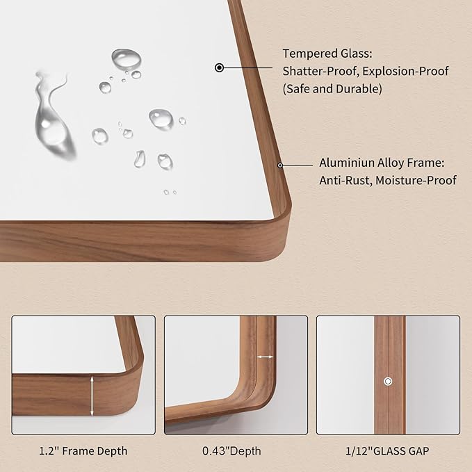 LOAAO 24X36 Inch Bathroom Mirror with Wood Grain Colored Metal Frame, Rounded Rectangle Metal Framed Bathroom Mirror, Anti-Rust, Hangs Horizontally or Vertically