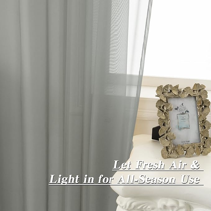 HUTO Sage Grey Sheer Window Curtains 52 by 63 Inch Length Rod Pocket Window Sheer Panels Drapes 2 Panels Curtains for Bedroom Living Room Nursery