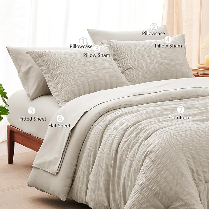 CozyLux Queen Comforter Set Beige Seersucker 7 Pieces Bed in a Bag Queen Comforter Set with Sheets, Luxury Soft Bedding Set with Down Alternative Comforter, Sheets, Pillowcases & Shams for All Seasons