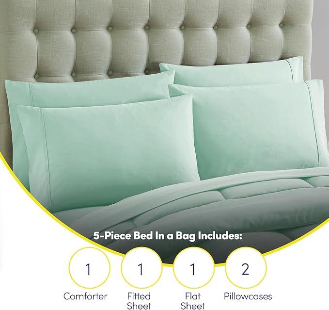 Sweet Home Collection 7 Piece Comforter Set Bag Solid Color All Season Soft Down Alternative Blanket & Luxurious Microfiber Bed Sheets, Mint, Twin XL