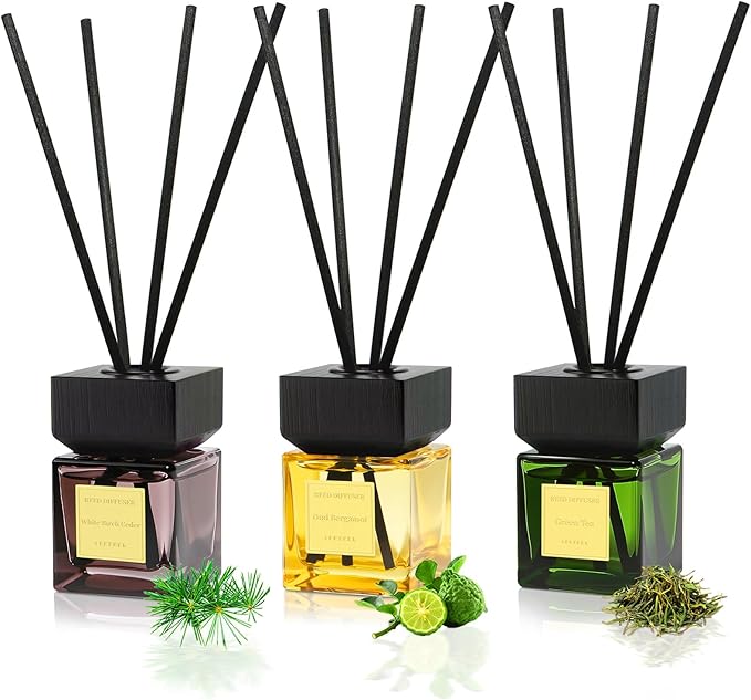 Reed Diffuser Set of 3, White Birch Cedar & Oud Bergamot & Green Tea Tree Essential Oil, 15 Diffuser Sticks, Hotel Collection Bathroom Air Fresheners, 50ml Home Fragrance for Room Decor
