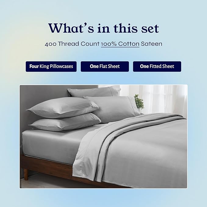 California Design Den 6-Pc King Size Sheet Set with 4 Pillowcases - Soft 400 Thread Count 100% Cotton Sheets, Cooling Sateen Weave, Luxury Deep Pocket Bedsheets Set - Light Grey