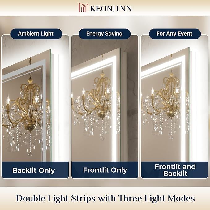 Keonjinn Bathroom LED Mirror 30 x 30 Inch Frontlit and Backlit, Tempered Glass Stepless 3 Colors Temperature & Dimmable Square Wall Mirror, UL Listed LED Driver, Double LED Strips, Anti-Fog