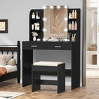 usikey Vanity Desk with Mirror & Lights, Makeup Vanity Table with 2 Large Drawers, 6 Storage Shelves & Stool, Bedroom Dressing Vanity Table with 3 Color Light Adjustable, Black