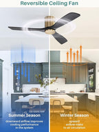 Sofucor 52 Inch Solid Wood Ceiling Fan Without Lights Flush Mount Ceiling Fans with Remote Control-Wood Blades Modern Outdoor Ceiling Fan No Light for Bedroom/Farmhouse/Patio/Indoor, Black Gold