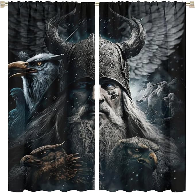 Fantasy Norse Viking Blackout Curtains for Bedroom,Cool Gothic Vintage Vikings Mystical Symbol Eagle Rod Pocket Thermal Insulated Room Darkening Curtains 2 Panels 63L x 31.5W