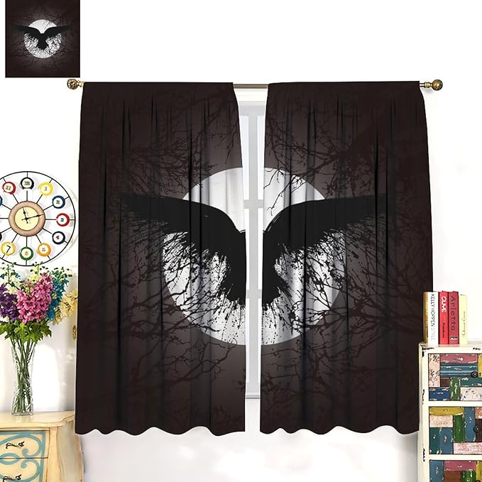 Cool Raven Print Curtains for Bedroom - Vintage Nordic Viking Theme Dead Tree Crow Full Moon Window Treatment,Energy Saving Thermal Insulated Rod Pocket Bedroom Blackout Curtains 2 Panels 84L x 26W