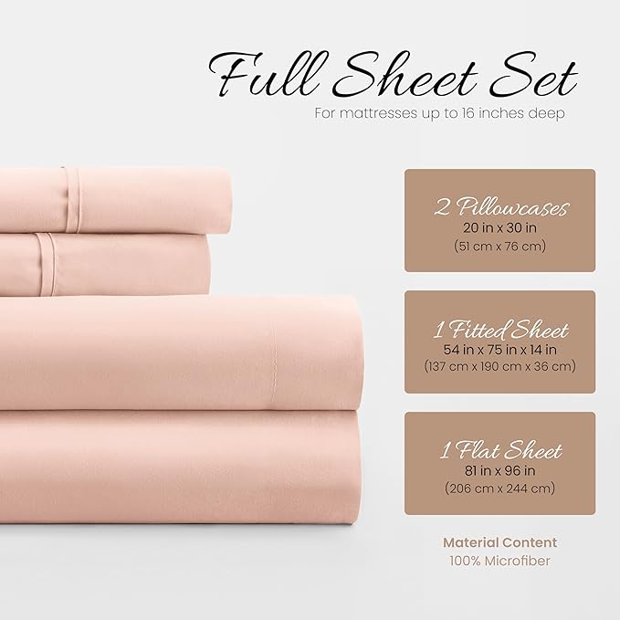 Linen Market Double-Brushed Microfiber Full Sheet Set 4 Piece – Oeko-TEX Certified Ultra Soft & Wrinkle-Free - 16" Deep Pocket Sheets - Easy Care Full Size - Blush