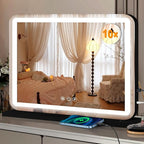 23"x18" Black Vanity Mirror with Lights, Led Makeup Mirror, Lighted Makeup Mirror with 3 Color Dimmable Lights, Smart Touch Screen Control, Aluminum Metal Frame,USB Charging Port