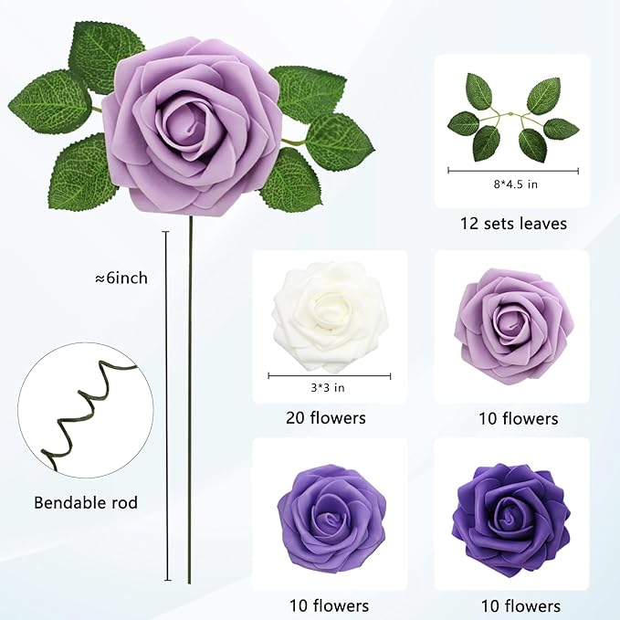 JOYLEX Artificial Flowers Realistic Roses, 50pcs Real Looking Fake Roses with Stem for DIY Wedding Bouquets Centerpieces Bridal Shower Party Home Romantic Decorations (50pcs, Shades of Purple)