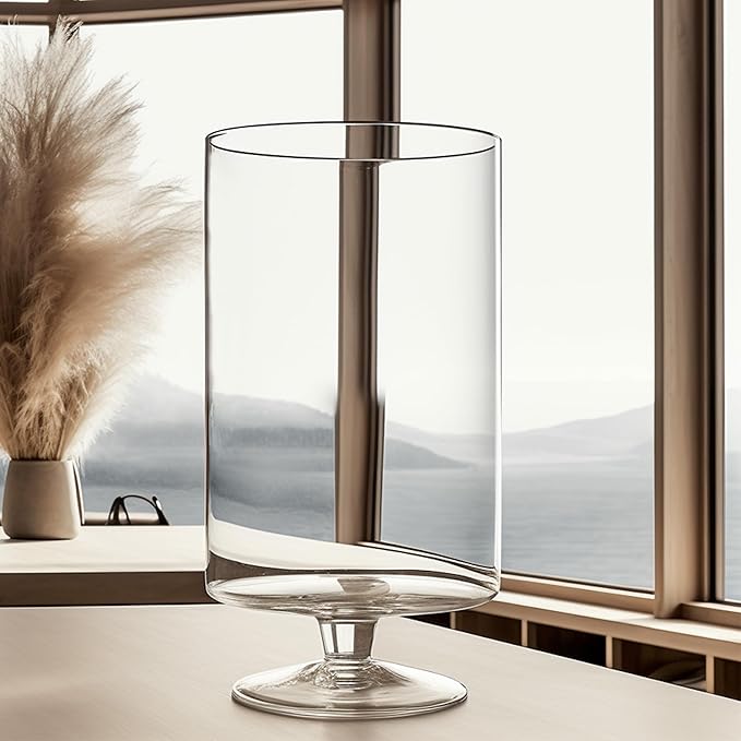 CYS EXCEL Glass Hurricane Pillar Candle Holder (H:13.5" W:8") | Multiple Size Choices Short Stem Candle Centerpieces | Stemmed Glass Cylinder Candle Vase