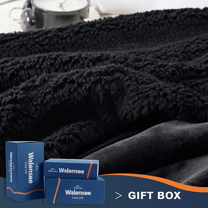 Walensee Sherpa Fleece Blanket (King Size 108”x90” Black) Plush Throw Fuzzy Super Soft Reversible Microfiber Flannel Blankets for Couch, Bed, Sofa Ultra Luxurious Warm and Cozy for All Seasons