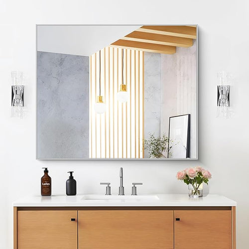 30" x 36"Bathroom Mirror, Silver Rectangle Corner Wall Mirror with Metal Frame, Decorative Rectangular Vanity Mirror for Bedroom Bathroom Living Room Entryway (Horizontal/Vertical)