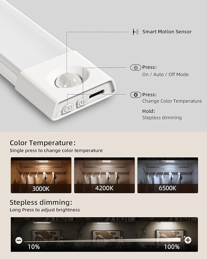 EZVALO 6-Pack Under Cabinet Lighting, Wireless Closet Lights, 50 LED Rechargeable Motion Sensor Light, Dimmable, 3 Color Temperatures, 11.8 inch Counter Lights for Kitchen, Pantry, Bedroom, Wardrobe