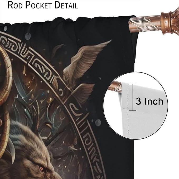 Cool Norse Viking Theme Curtains - Fantasy Ancient Symbols Wildlife Wolf Nordic Vikings Thermal Insulated Blackout Curtains - Rod Pocket Window Treatment Drapes for Bedroom 2 Panels 63L x 27.5W