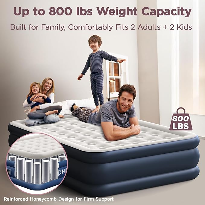 Queen Air Mattress with Built in Pump, 18" Elevated Height, 48Hr Leak-Tested, Honeycomb Coil Support, 800 lbs Capacity, Fast 3-Min Inflation–Blow Up Mattress for Guest Room & Sleepover