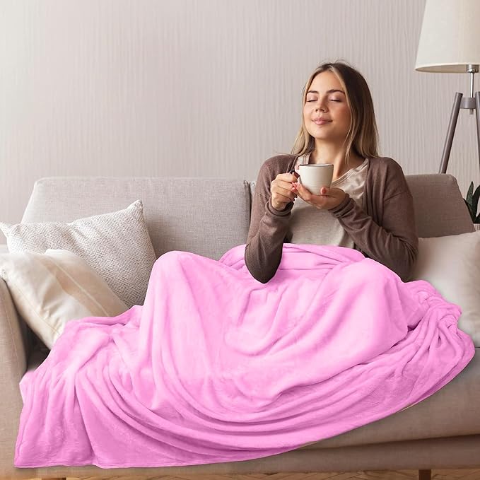 Flannel Fleece Queen Size Summer Blanket All Season 350GSM Lightweight Throw for The Bed Extra Soft Brush Fabric Winter Warm Sofa Blanket 90" x 90"(Pink Queen)