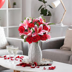 Hotop 20 Pcs Artificial Flowers Velvet Realistic Roses and Latex Lilies Flowers Bouquet Decorations Arrangements for Home Table Centerpieces Independence Day(Pink, Red)