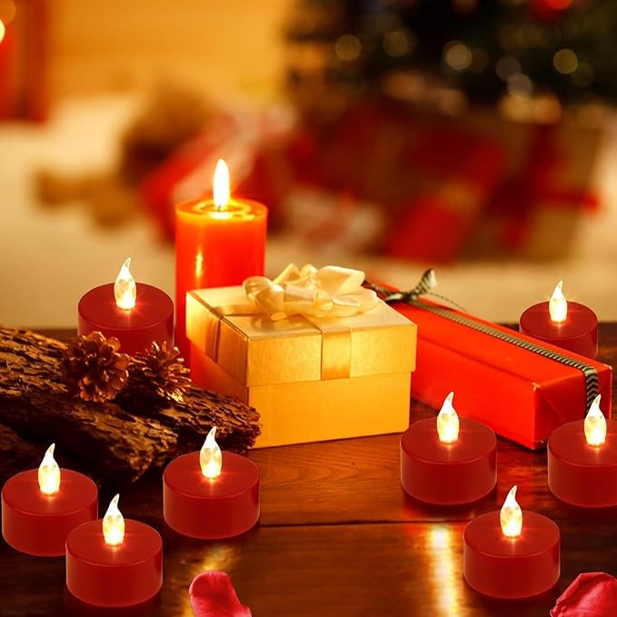 LED Tea Lights Candles- 12PACK Red Flameless Candles Realistic and Bright Flickering Long Lasting 200Hours for Holiday Celebration,Party, Home Decoration,Battery Operated