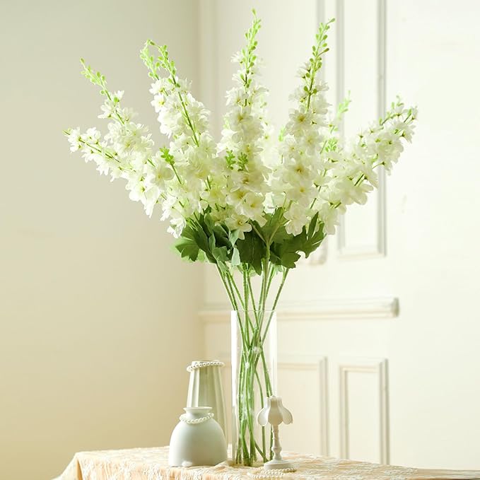 24 Pcs White Delphinium Artificial Flower 35.4'' Long Larkspur Stem White Fake Faux Silk Flowers Bulk for Tall Vase Floral Arrangements Home Centerpiece Table Wedding Decor