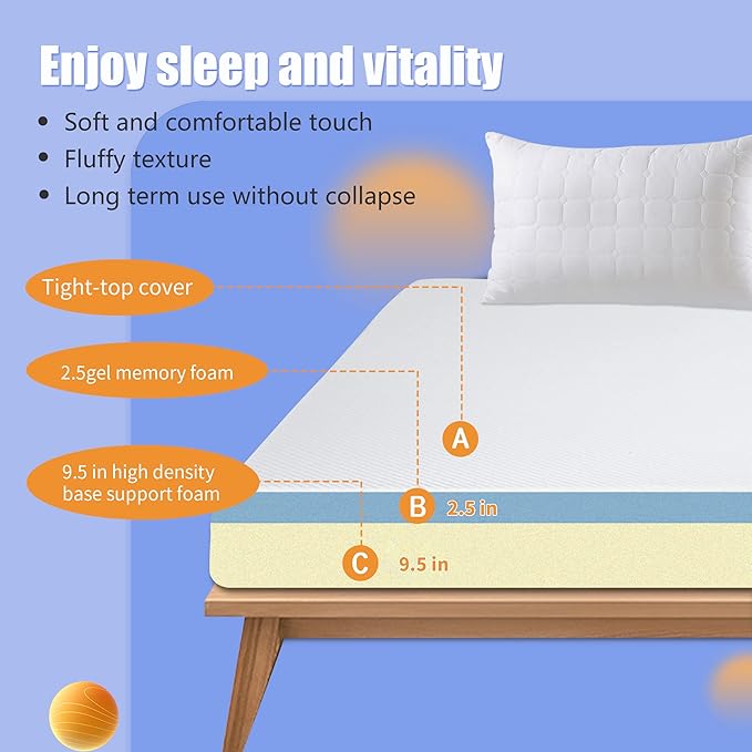 Memory Foam Mattress Medium-Firm for Pressure Relief & Cooler Sleep Gel Memory Foam Bed in a Box Fiberglass Free CertiPUR-US Twin Mattress for Soundly Sleep (Twin, 12 in)