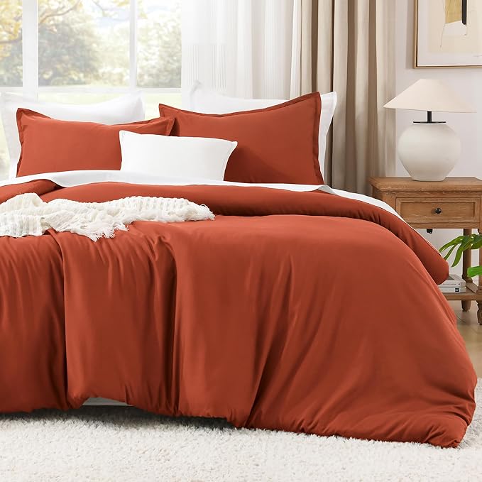 Litanika Boho Comforter Full Size Set Burnt Orange, 3 Pieces Fall Solid Terracotta Lightweight Bedding Comforter Set, Rust Fluffy Winter Quilted Blanket Set (79x90In Comforter & 2 Pillowcases)