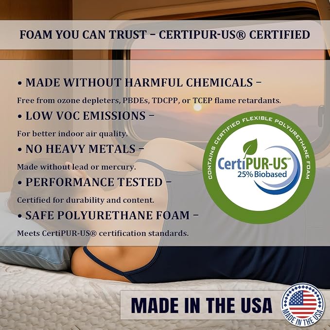 Foamma 8" x 28" x 75" Mattress for RV with Water Resistant Organic Cotton Cover, Firm High Density Foam, USA Made, CertiPUR-US Certified Foam