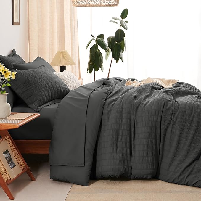 CozyLux Oversized Queen Comforter Set Dark Grey Seersucker 7 Pieces 98x98 Bed in a Bag Comforter Set with Sheets, Luxury Soft Bedding Sets with Down Alternative Comforter, Sheets, Pillowcases & Shams