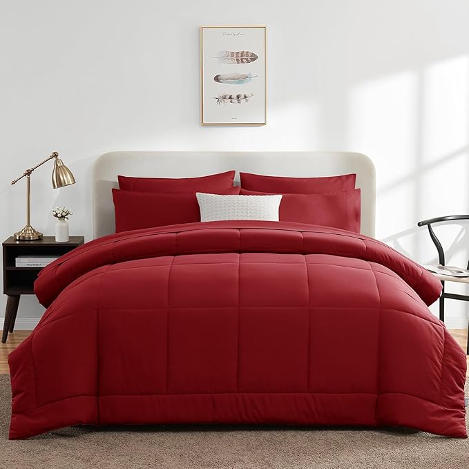 CozyLux King Size Comforter Set Dark Red, 7 Pieces Bed in a Bag, Red Comforter King Size, All Season Bedding Sets with Stitch Quilted Comforter, Flat Sheet, Fitted Sheet, Pillowcases