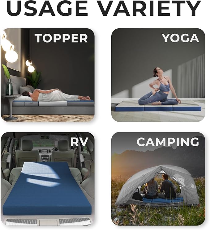 Cozzzi Trifold Mattress for Floor and Traveling with Removable Cover - Lightweight and Portable Mattress for Adults & Kids - Compact and Easy to Storage (75in x 31in x 4in, Navy)