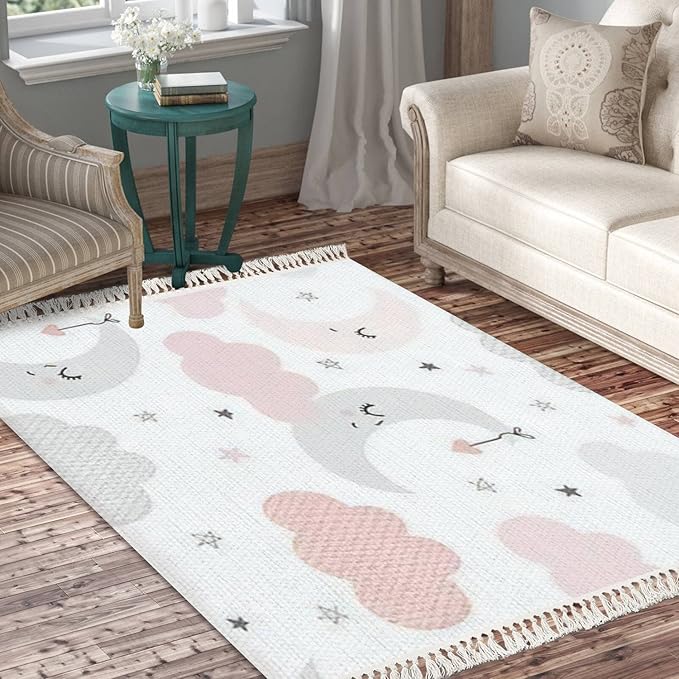 Rug Cute Sky Smiling Sleeping Moon Hearts Stars Clouds Scandinavian Chic Area Rug Washable Hallway Runner Rug Minimalist Home Decor for Living Room Bedroom Nursery Playroom Classroom