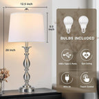 28" Tall Modern Table Lamps Set of 2 with USB A+C Ports and AC Outlet, 3 Way Touch Metal Bedside Lamps for Bedroom, Silver Farmhouse Nightstand Lamps for Living Room
