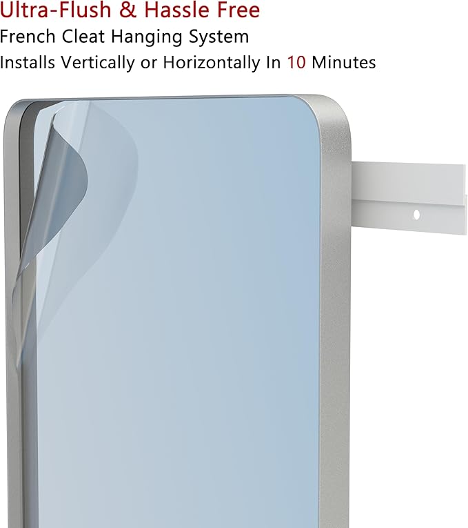 VocalStar 24 x 36 Inch Silver Bathroom Mirror for Wall, Rounded Rectangle Nickel Metal Framed Bathroom Vanity Mirrors, 1/4-inch Shatterproof Glass | Ultra-Flush Hanging
