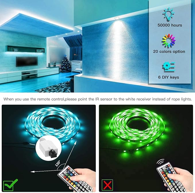 TJOY LED Strip Lights with 44 Key Remote Control 50ft, Multi-Color RGB LED Lights, Color Changing LED Light Strip for Bedroom, LED Strip Lighting for Room Decor Aesthetic, TV, DIY