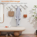 Homode Accordian Wall Hanger, Expandable Coat Rack Wall Mounted, Accordion Style Wood Hat Rack with 13 Peg Hooks for Hanging Coats, Hats, Mugs, Bags, Purses, Necklaces, Rustic White