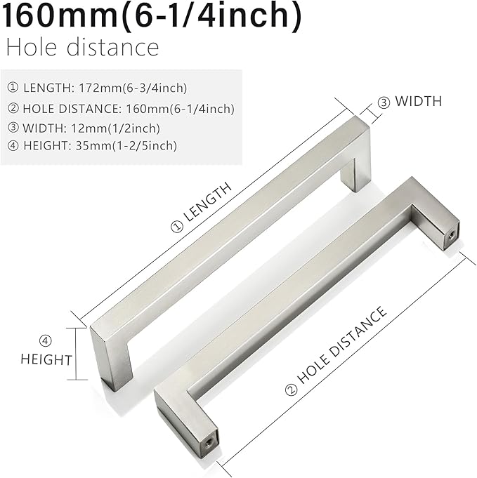Cabinet Pulls Brushed Nickel Cabinet Handles Square Drawer Pulls, 20 Pack 6-1/4 Inch Stainless Steel Kitchen Door Cupboard Cabinet Handles, Cabinet Hardware Drawer Handles, 160mm Hole Centers