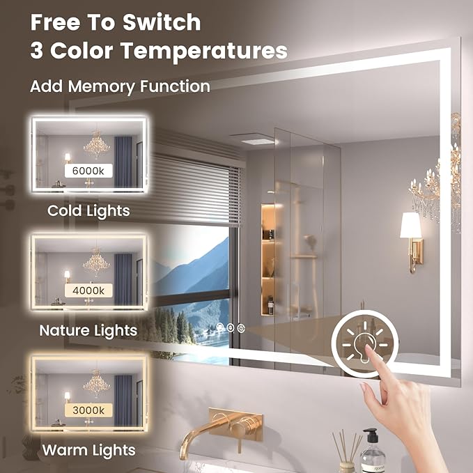 55"X36" LED Bathroom Mirror with Front Lights and Backlit, Anti-Fog, Dimmable, Shatter-Proof Tempered Glass, Lighted Bathroom Vanity Mirror for Wall with 3 Colors, Memory Function
