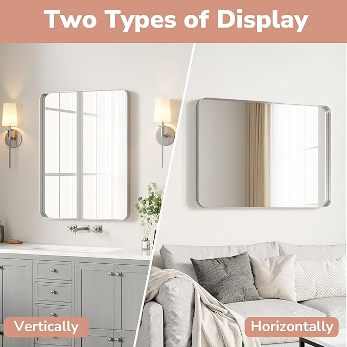 USHOWER Brushed Nickel Bathroom Mirrors 24"x36" 2 Pack, Silver Rectangle Mirrors for Over Sink, Rounded Corner, Aluminum Frame, Anti-Rust, Tempered Glass, Horizontal or Vertical Mounted